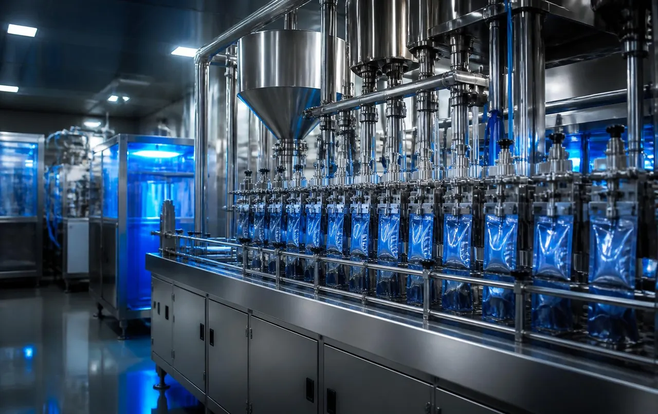 Stainless-steel filling and packaging production line in a food factory
